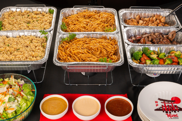 Catering Hero Web Catering Build Your Own Hibachi with Fried Rice, Noodles, Teriyaki Chicken, Sirloin, Mixed Vegetables, Salad and Sauces.